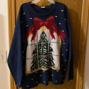Vintage Christmas Sweater Women’s Size L Christmas Tree‎ Print Blue Pullover